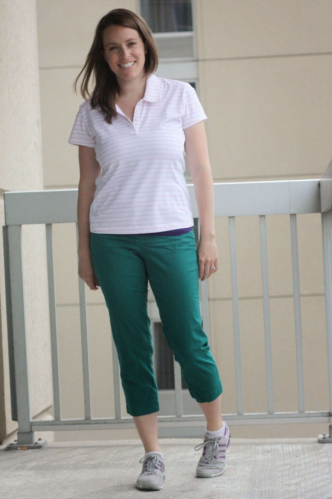 Pink Striped Polo with Teal Cropped Pants — Golf Tournament Outfits