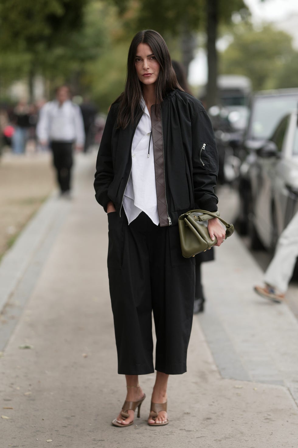 Black Bomber with Collared Shirt and Cropped Trousers — Bomber Jacket Outfits