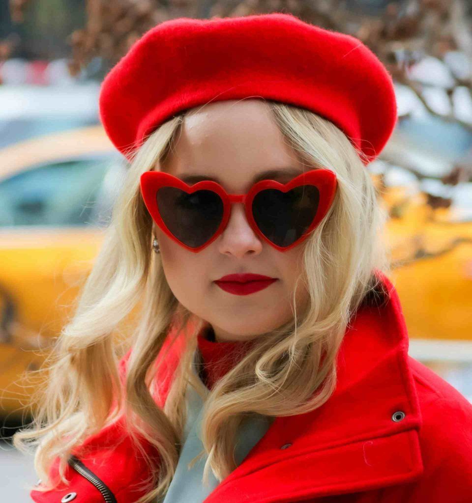 Red Heart-Shaped Sunglasses with Matching Beret — Sunglasses for Heart Shaped Face