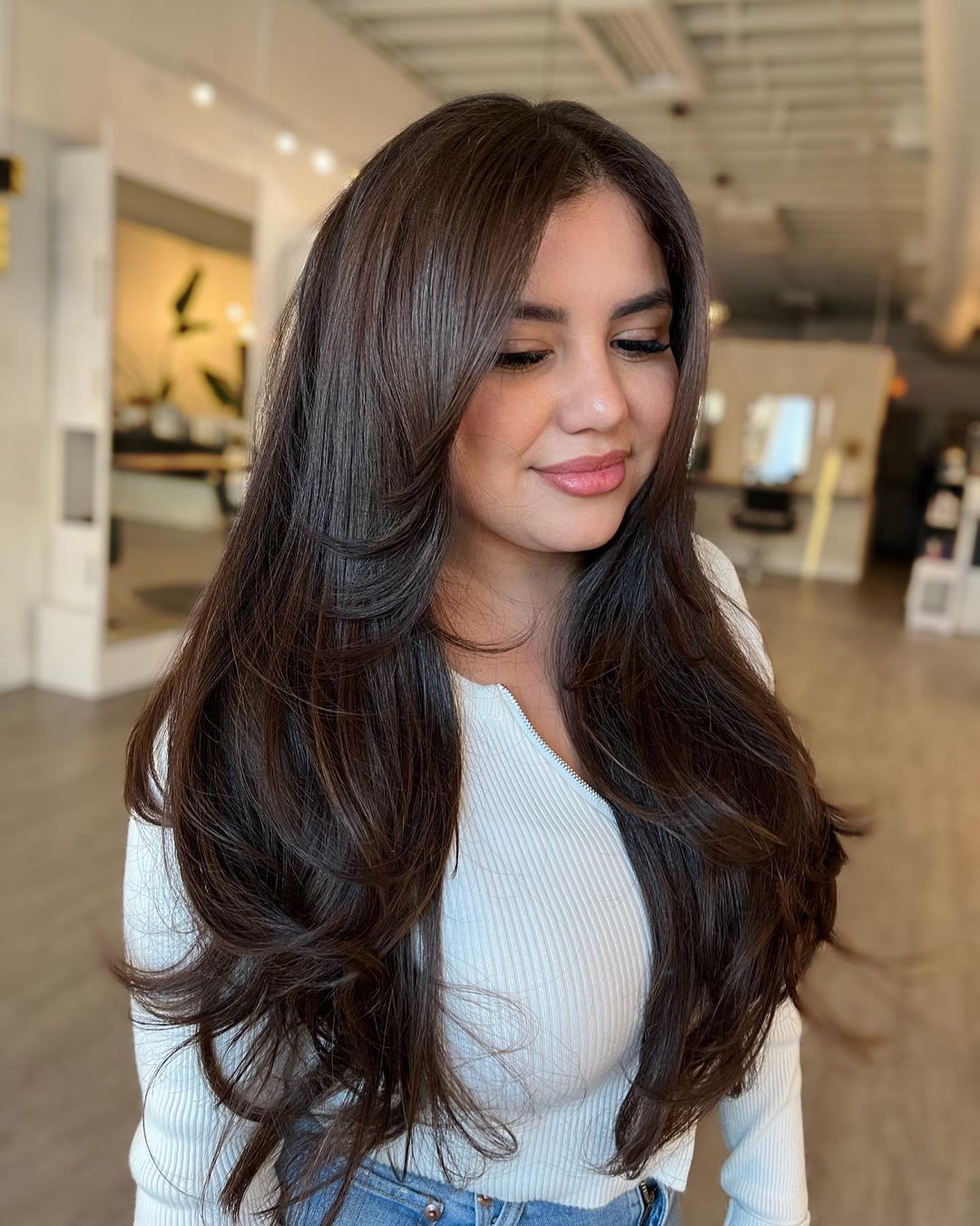 Thick Straight Dark Brown with Face-Framing — Hairstyles for Long Faces