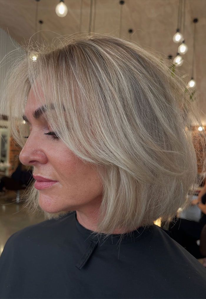 Sleek Ash Blonde Bob With Curtain Bangs Sleek Ash Blonde Bob With Curtain Bangs