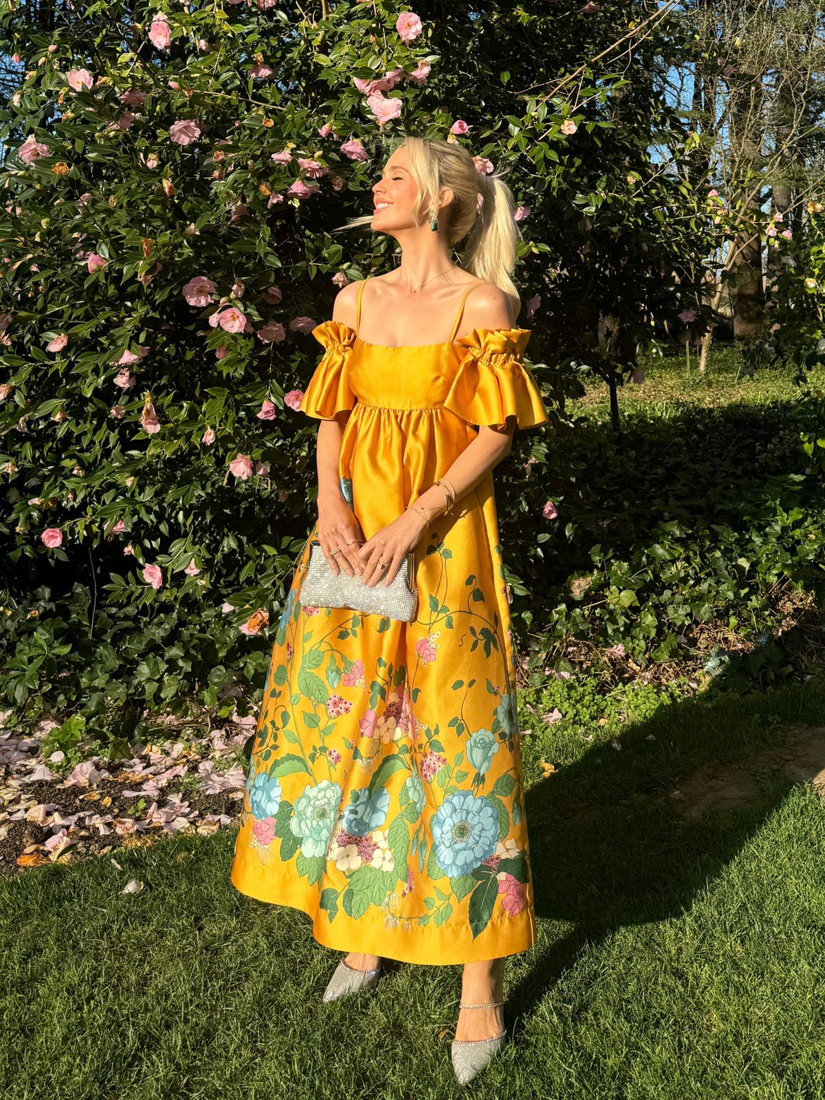 Garden Party Glamour: Yellow Satin Floral Dress Australia Outfits