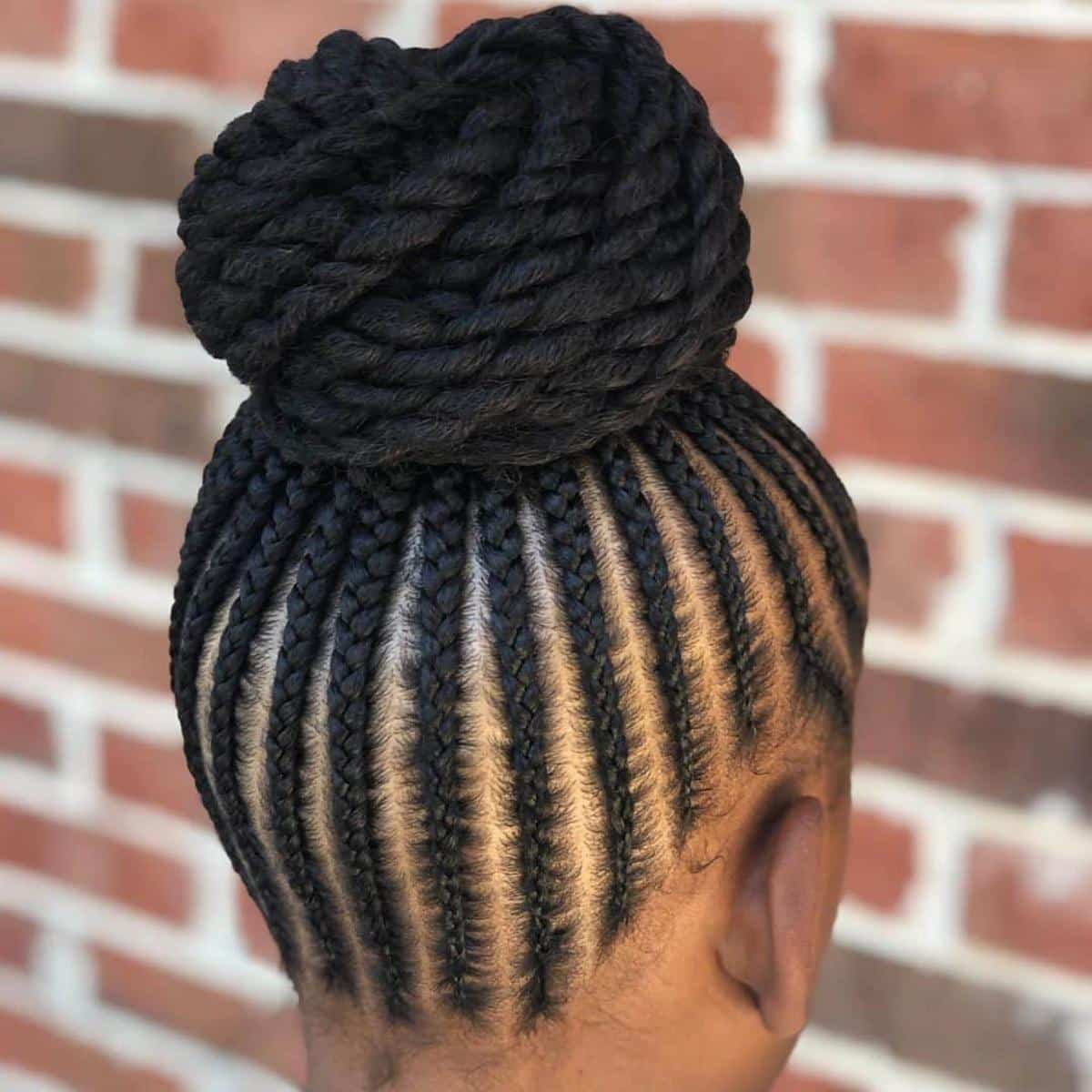 Visual Idea — The Hair Is Black And Appears Thick Visual Idea — The Hair Is Black And Appears Thick — Cornrow Bun