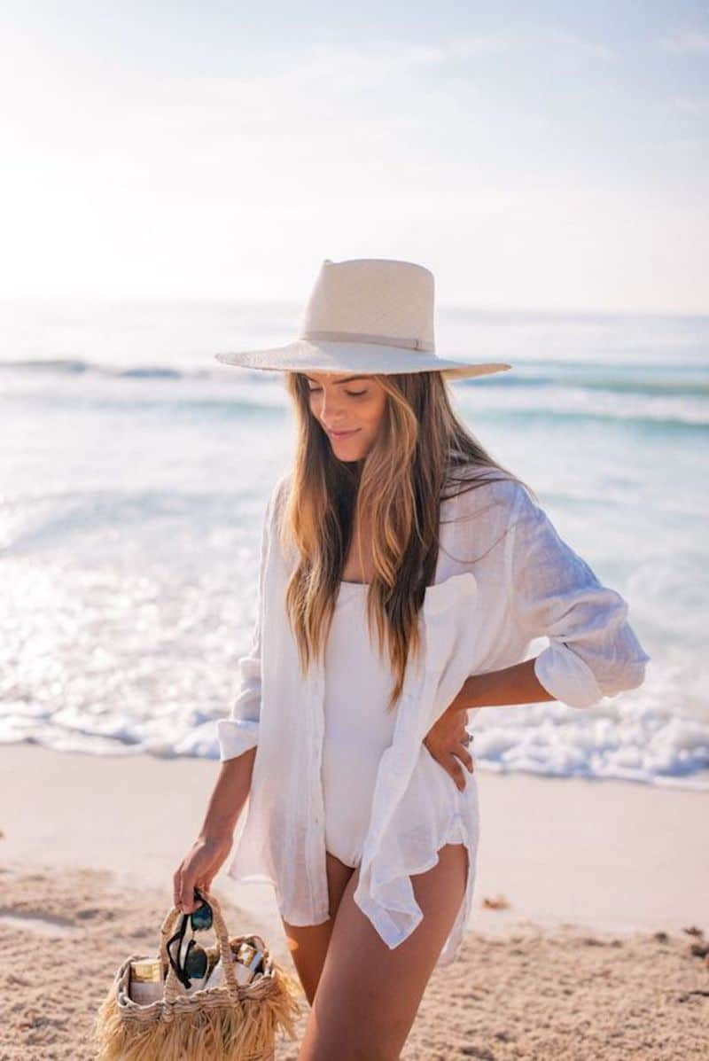 Oversized Linen Shirt Over White Swimsuit Oversized Linen Shirt Over White Swimsuit — Maui Outfits