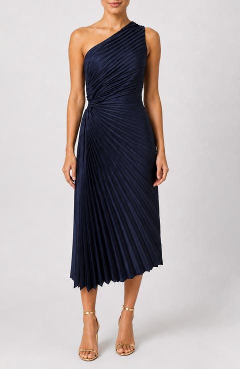 Elegant Navy One-Shoulder Pleated Dress for Evening — Cruise Dresses