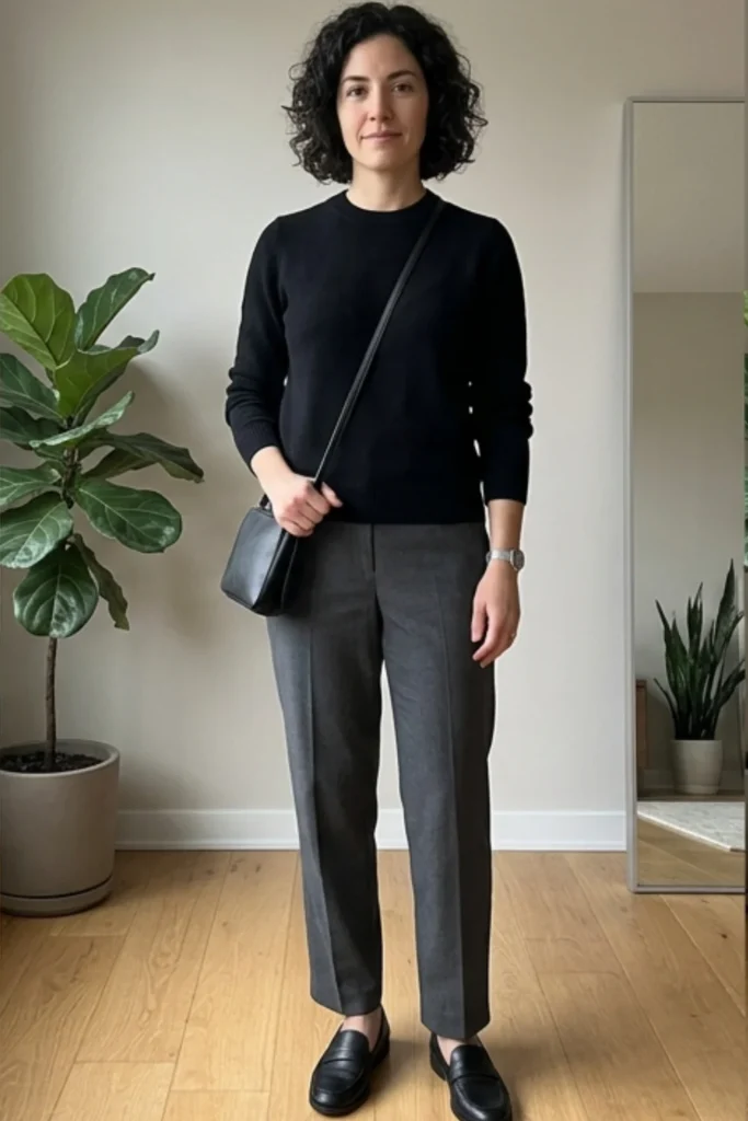 Minimalist Black Sweater and Grey Trousers for Understated Mourning Minimalist Black Sweater and Grey Trousers for Understated Mourning — Funeral Outfits
