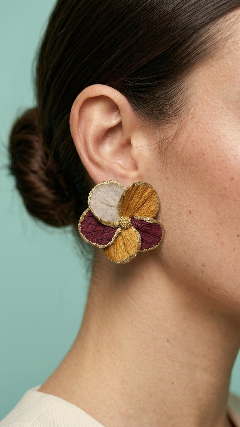 Embroidered Floral Statement Earrings with a Simple White Top Embroidered Floral Statement Earrings with a Simple White Top — Statement Earrings Outfits