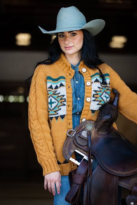 Patterned Cardigan with Denim Shirt and Cowboy Hat — Ranch Outfits
