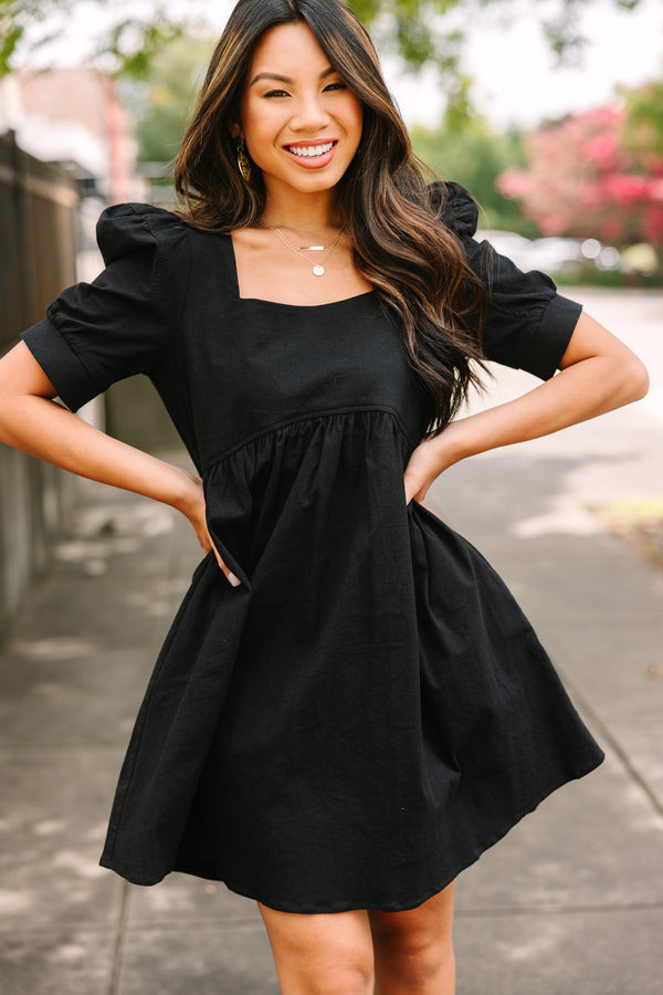 Black Puff-Sleeve Babydoll Mini with Square Neckline — Babydoll Dresses