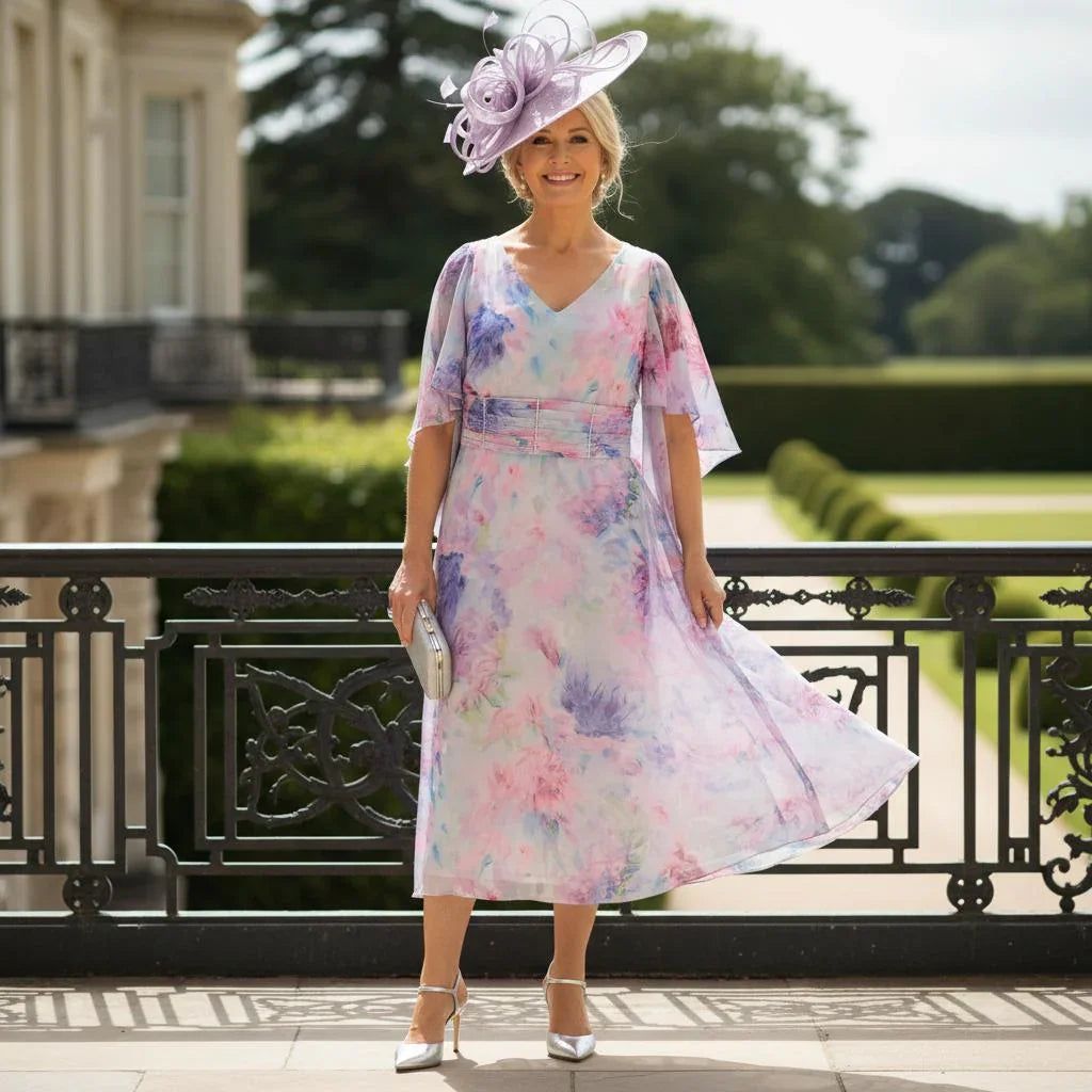 Lilac Floral Chiffon Midi Dress with Flutter Sleeves Lilac Floral Chiffon Midi Dress with Flutter Sleeves — Mother of the Groom Dresses