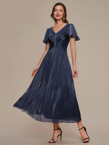 Metallic Pleated Midi Dress with Ruched Waist for Evening Events Metallic Pleated Midi Dress with Ruched Waist for Evening Events — Outfits to Hide Belly