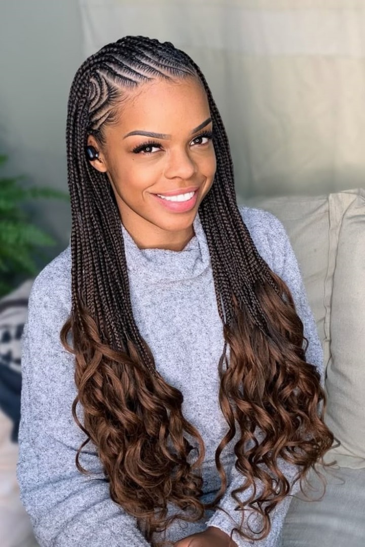 Dark Brown Fulani Braids With Wavy and Curly Extensions