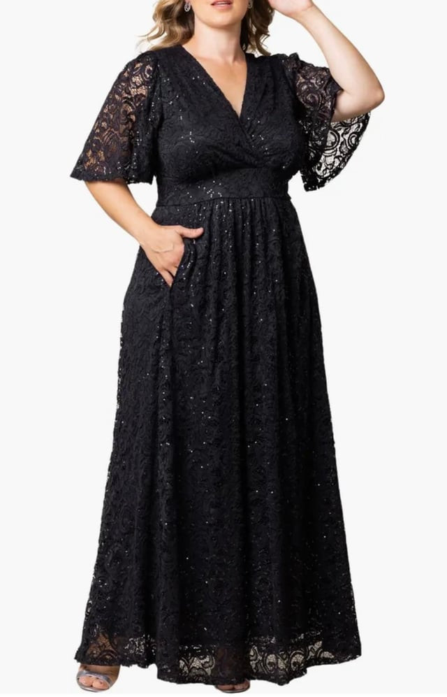 Black Lace Wrap Dress with Flutter Sleeves and Sequins — Black Tie Optional Outfits