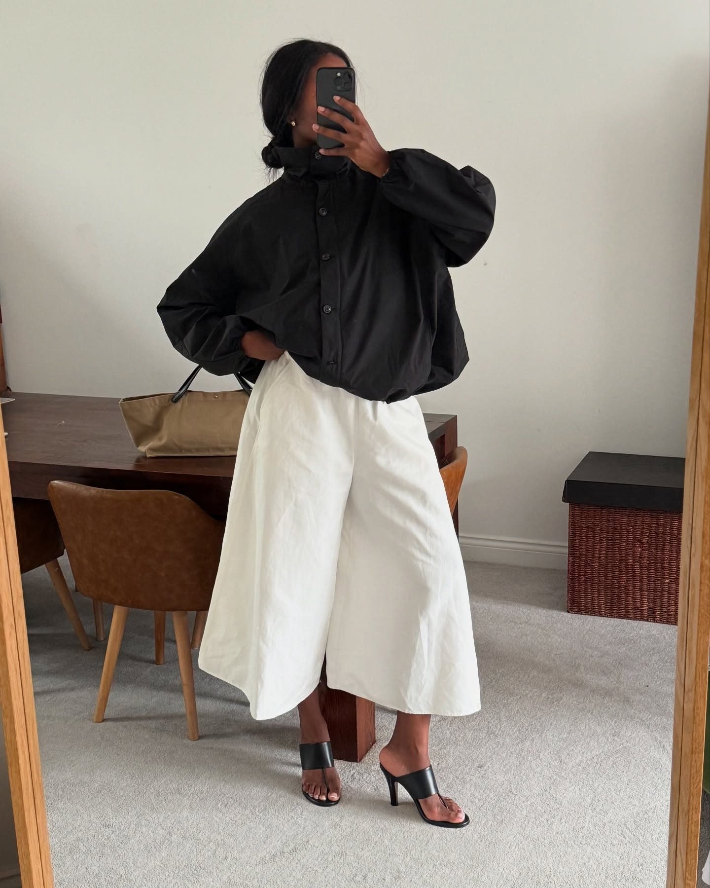 Casual Relaxed Monochrome: Oversized Black Shirt with White Culottes — Black and White Outfits