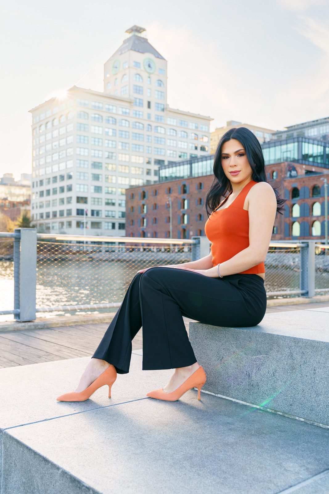 Vibrant Orange Pumps with a Fitted Tank Top and Wide-Leg Trousers — Pumps Outfits