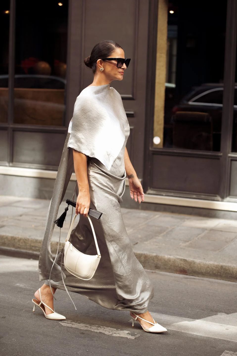 Glamorous Silver Separates with White Kitten Heel Mules Glamorous Silver Separates with White Kitten Heel Mules — Kitten Heels Outfits