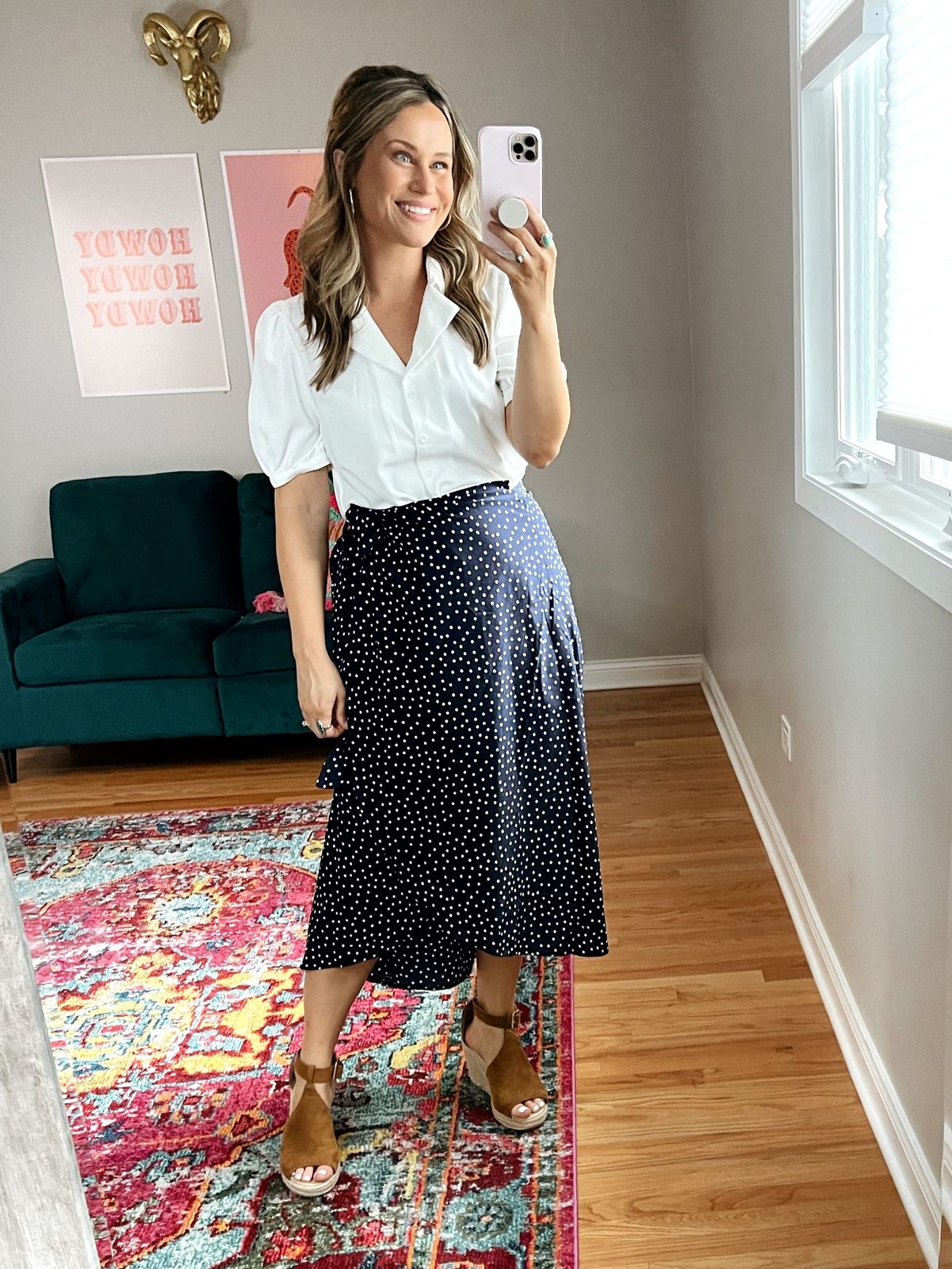 Classic Charm: Polka Dot Skirt with Puff-Sleeve Blouse Classic Charm: Polka Dot Skirt with Puff-Sleeve Blouse — Substitute Teacher Outfits