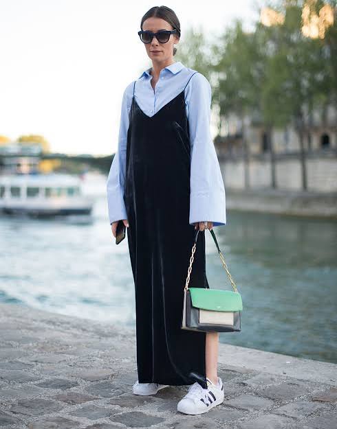 Light Blue Button-Up Layered Under Black Velvet Slip Dress Light Blue Button-Up Layered Under Black Velvet Slip Dress — Button Up Shirt Outfits