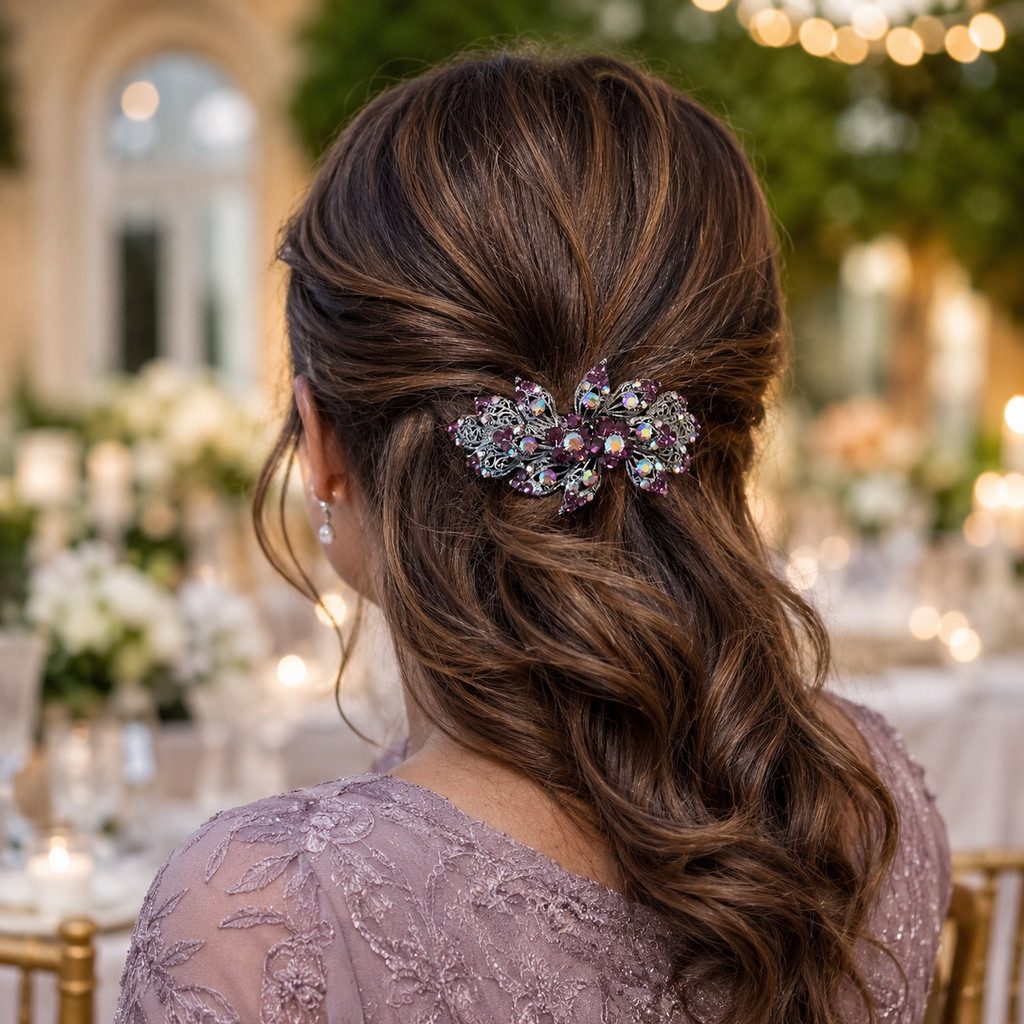 Half-Up Loose Curls With Crystal Barrette — Barrette Hairstyles