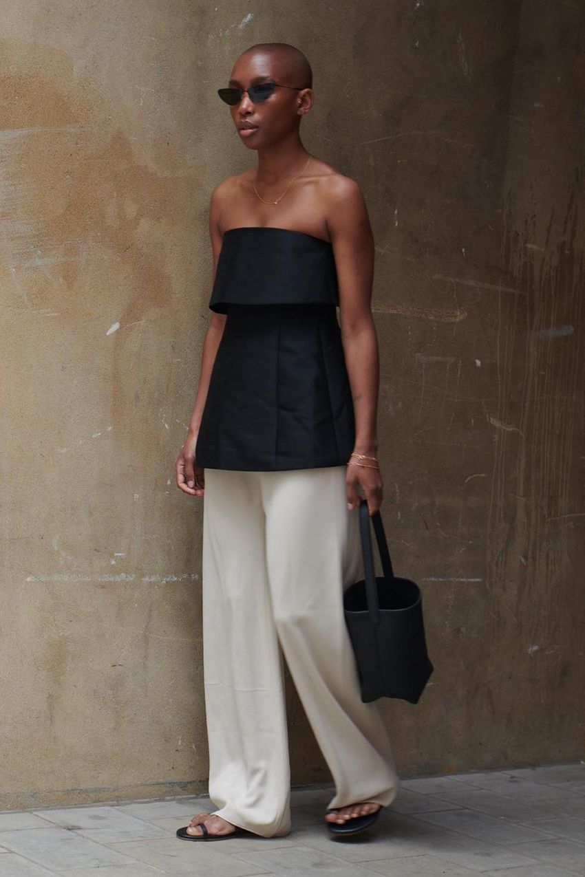 Black Peplum Tube Top with Cream Wide-Leg Trousers Black Peplum Tube Top with Cream Wide-Leg Trousers — Tube Top Outfits