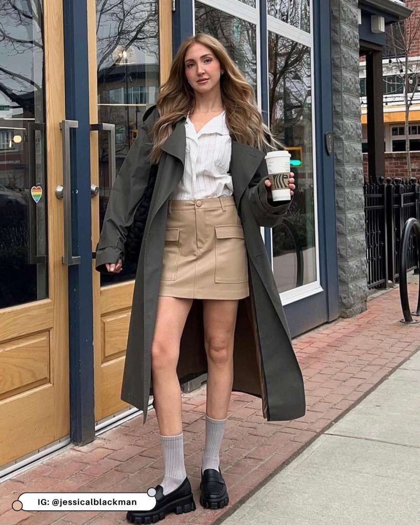 Beige Cargo Mini Skirt with Oversized Trench Coat — Cargo Skirts
