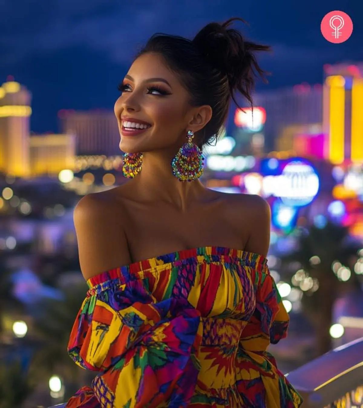 Multicolor Off-the-Shoulder Mini Dress with Statement Earrings — Vegas Club Outfits