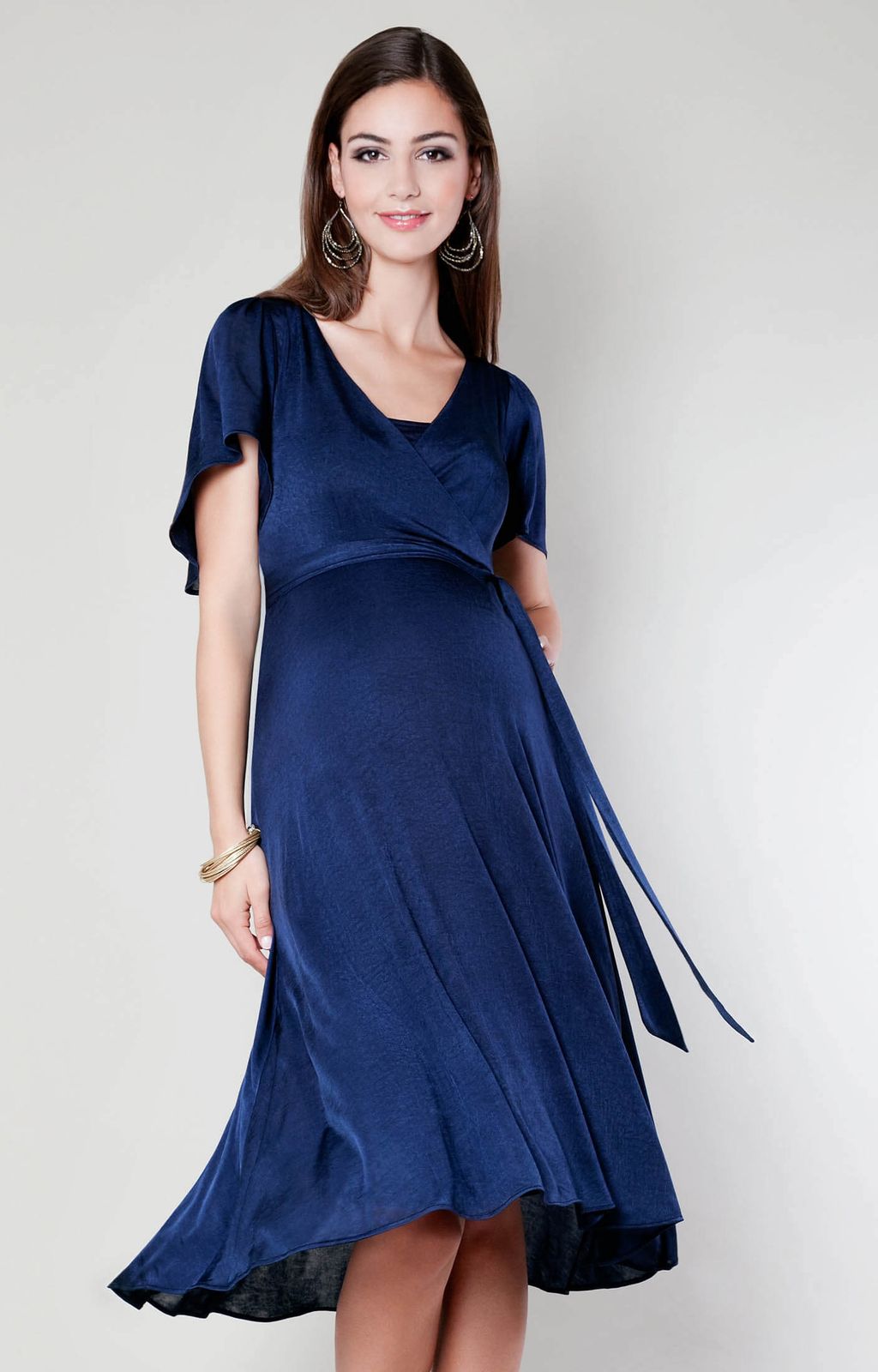 Deep Blue Satin Wrap Dress for Evening Occasions — Nursing Friendly Dresses
