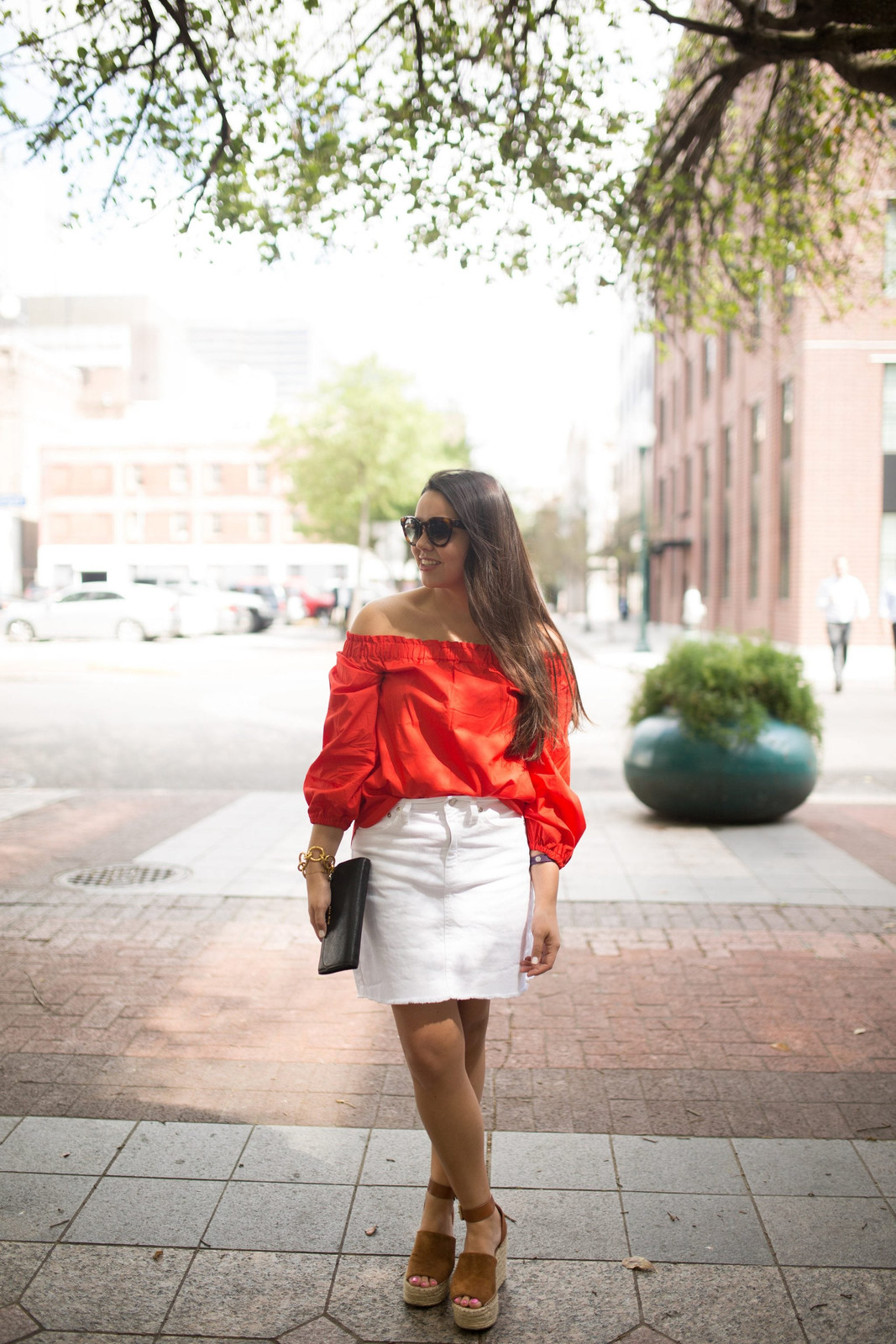 Bold Statement: Red Off-the-Shoulder Top with White Denim Skirt — Off the Shoulder Top Outfits