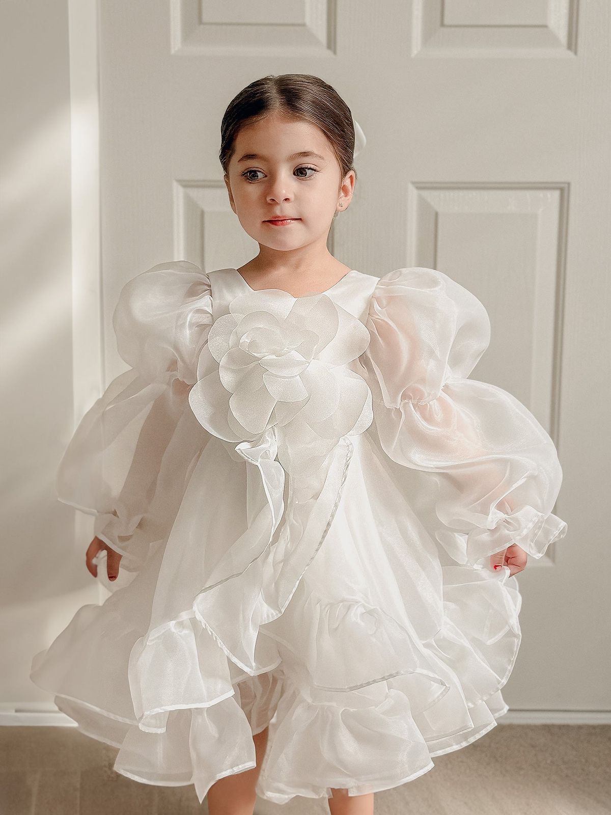 White Organza Dress with Puff Sleeves and Floral Applique White Organza Dress with Puff Sleeves and Floral Applique — Little Girl Dresses