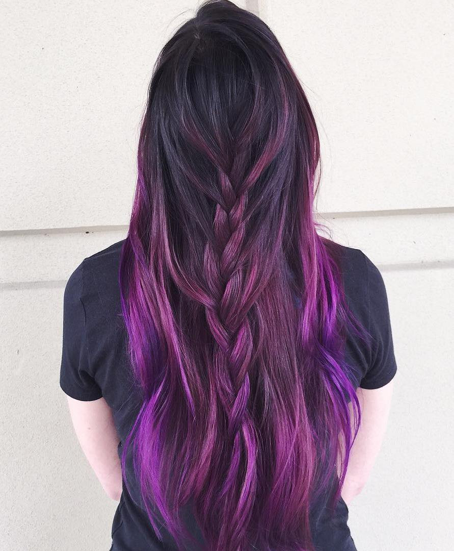 Purple and Pink Highlights in a Central Braid Purple and Pink Highlights in a Central Braid — Purple Highlights on Black Hair