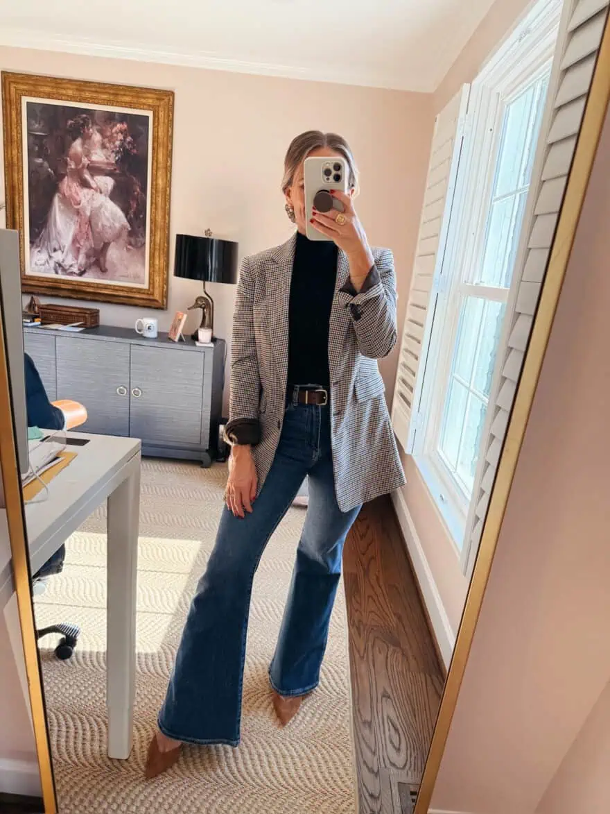 Plaid Blazer Adds Smart Casual Polish to Denim — Flare Jeans Outfits