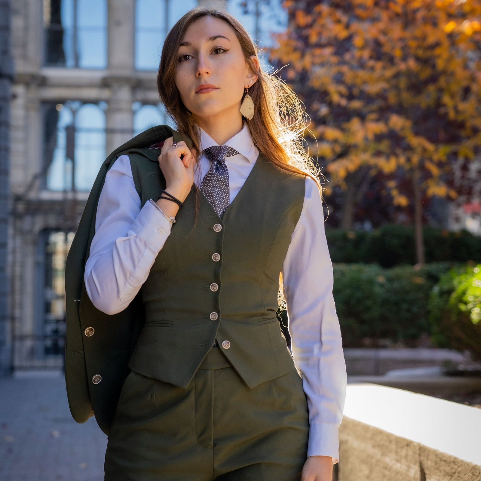 Olive Green Wool Suit with Vest and Tie — Business Formal Outfits