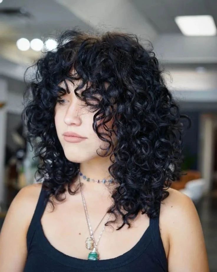 Dark Brown Mid-Back Wavy Hair With Wispy Bangs Blowout — Natural Hair with Bangs