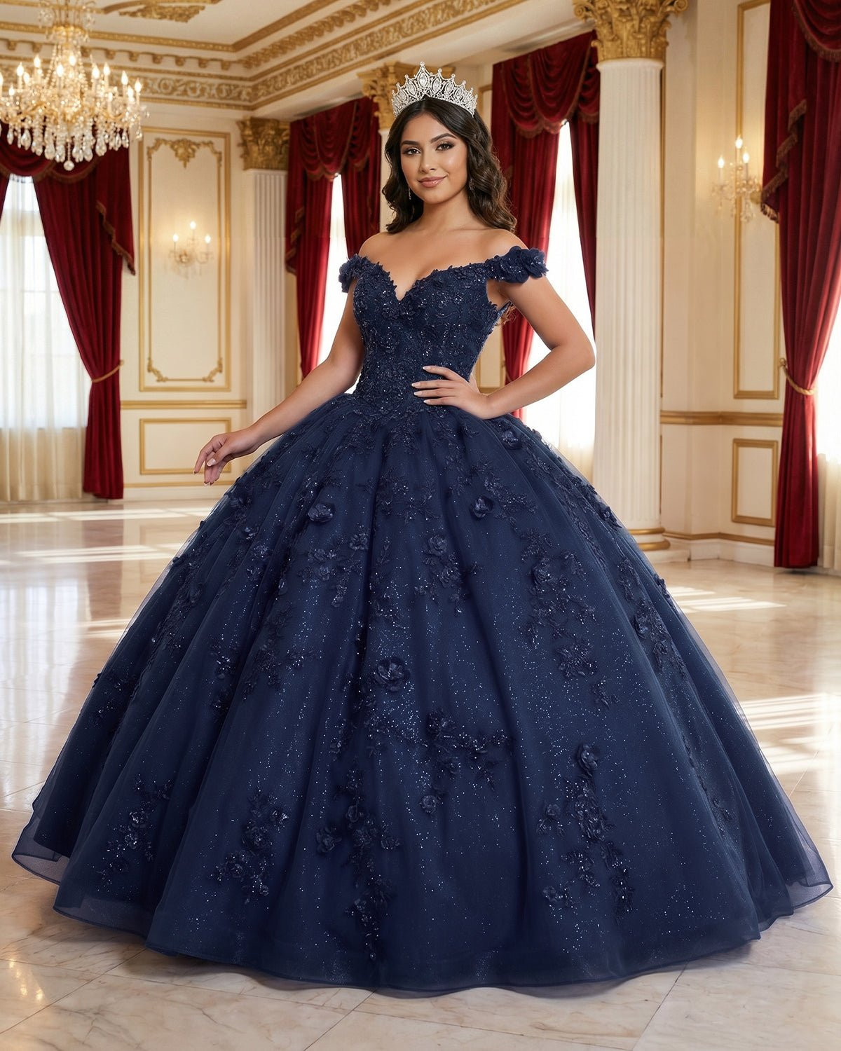 Navy Blue Off-the-Shoulder Gown with 3D Florals Navy Blue Off-the-Shoulder Gown with 3D Florals — Quinceanera Dresses