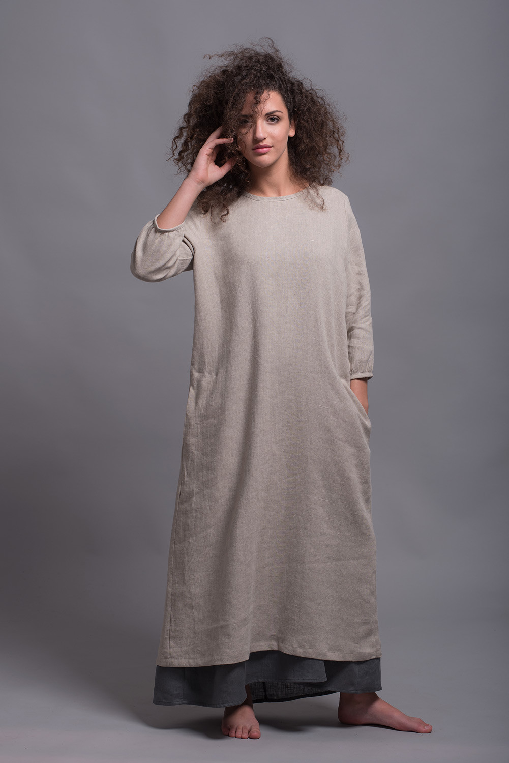 Linen Shift Dress with Sleeves, Linen Shift Dress 3/4 Sleeve | Shantima