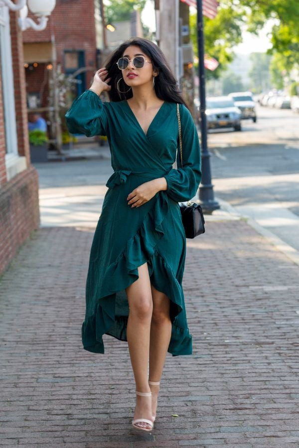 Waist-Defining Style: Teal Wrap Dress — Outfits for Rectangle Shape