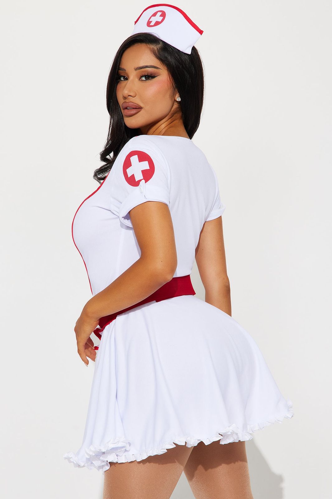 Not Visible White Nurse Costume Dress with Red Trim and Belt Not Visible White Nurse Costume Dress with Red Trim and Belt — Nurse Outfits