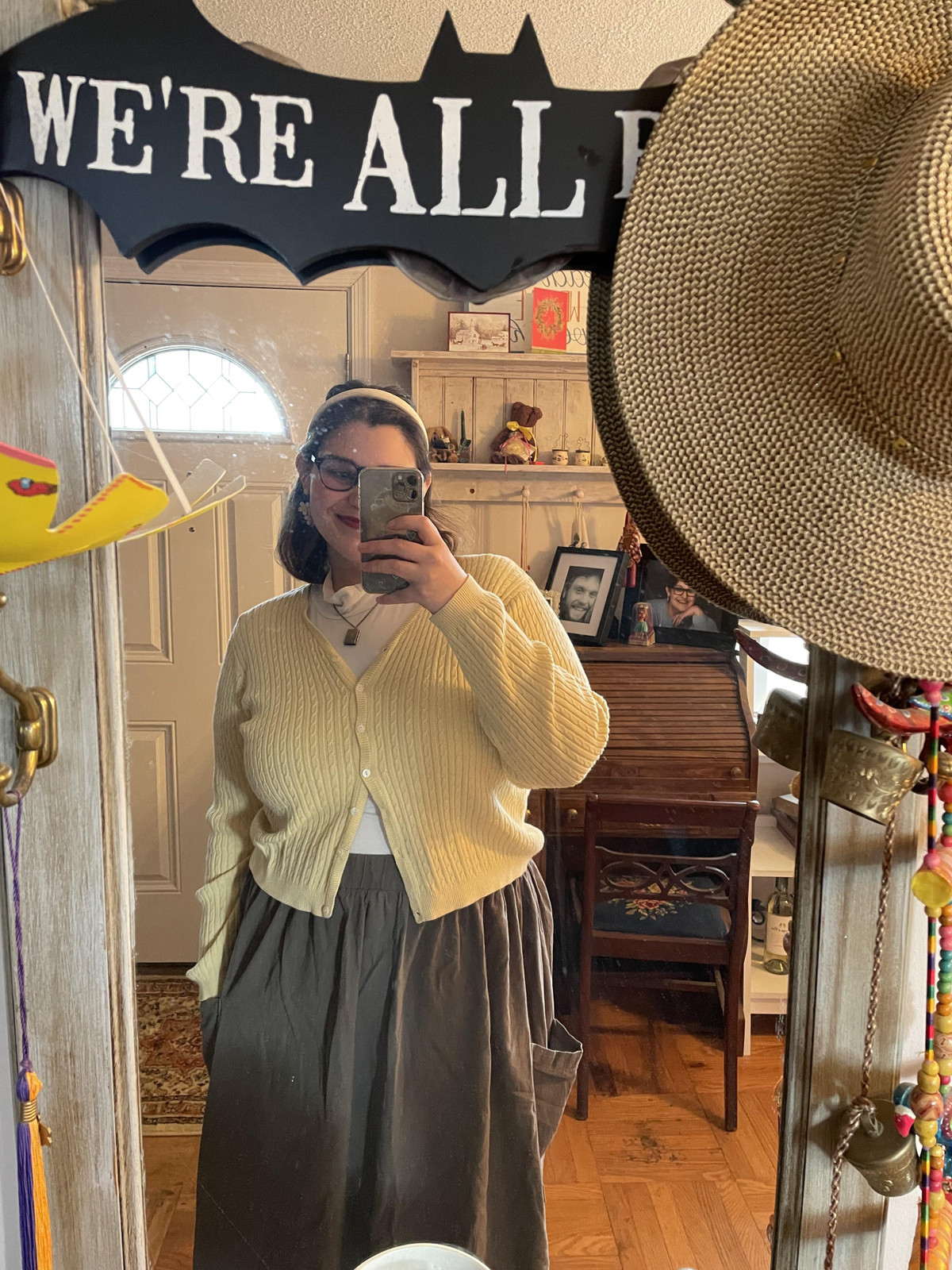 Yellow Cardigan Over T-Shirt with Grey Midi Skirt Yellow Cardigan Over T-Shirt with Grey Midi Skirt — Grandmacore Outfits