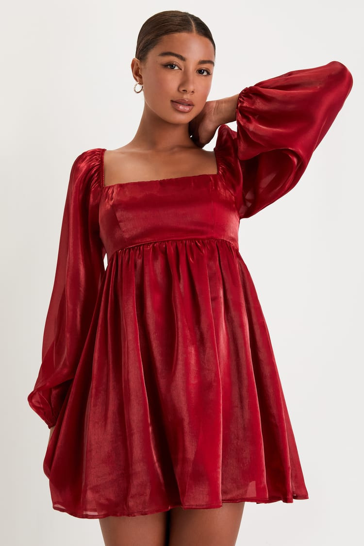 Wine Red Organza Babydoll Mini with Sheer Balloon Sleeves — Babydoll Dresses