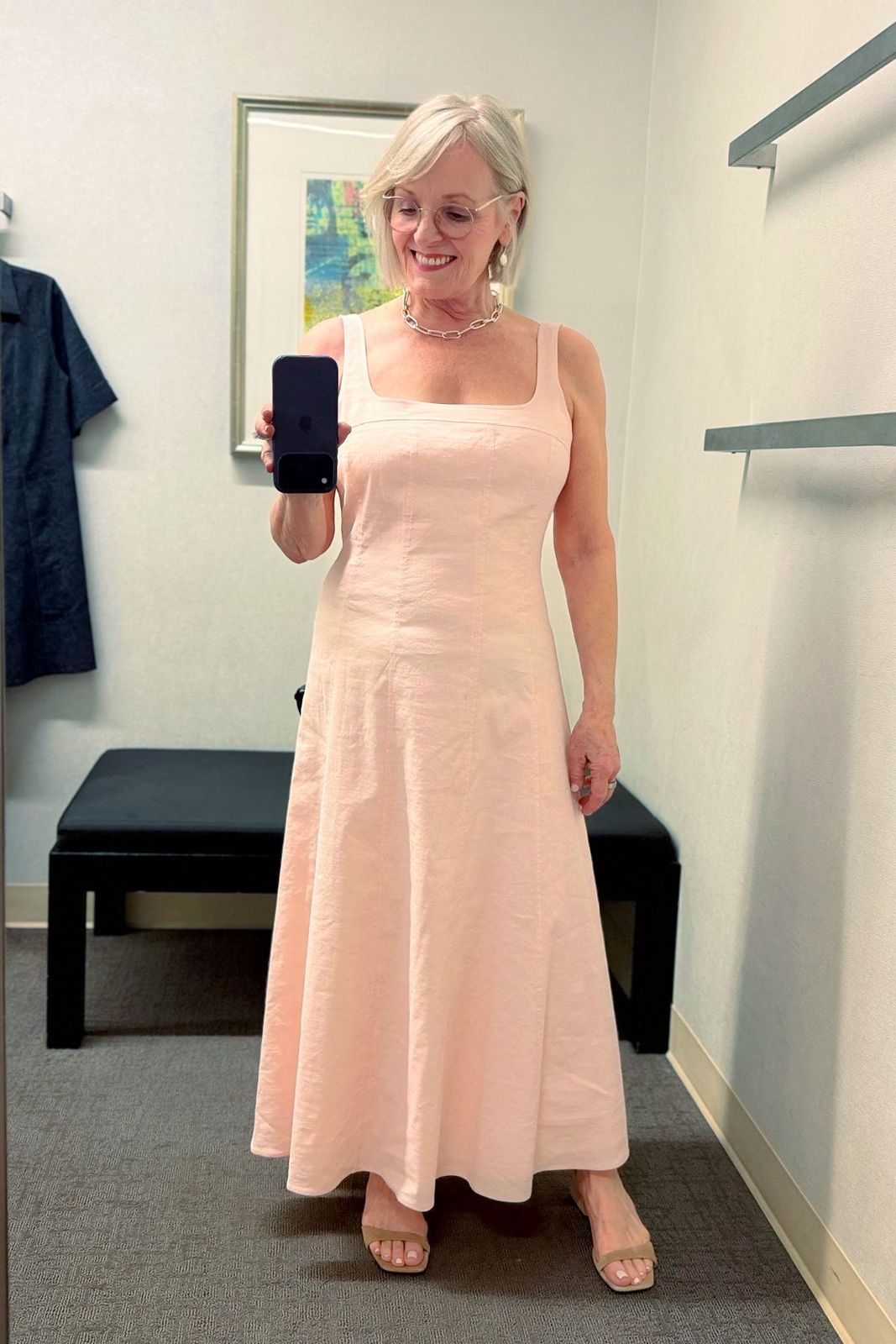 Pale Pink Linen Blend A-Line Midi Dress Pale Pink Linen Blend A-Line Midi Dress — Dresses for Women Over 60