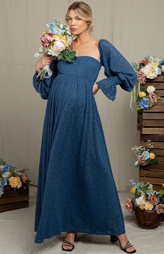 Denim Blue Lace Maxi Dress with Bell Sleeves for a Boho Baby Shower Denim Blue Lace Maxi Dress with Bell Sleeves for a Boho Baby Shower — Baby Shower Dresses