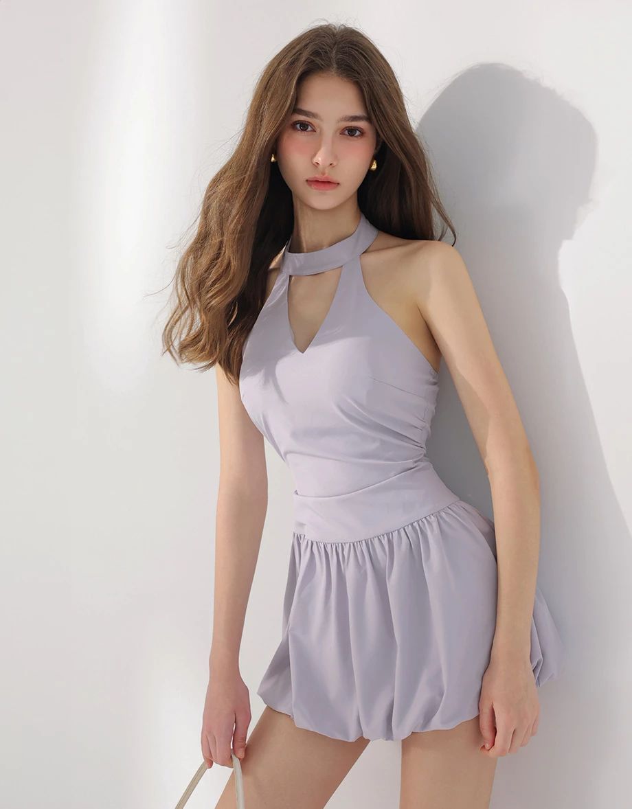 Lavender Halter Neck Mini Dress with Keyhole Cutout and Bubble Hem — Bubble Hem Dresses