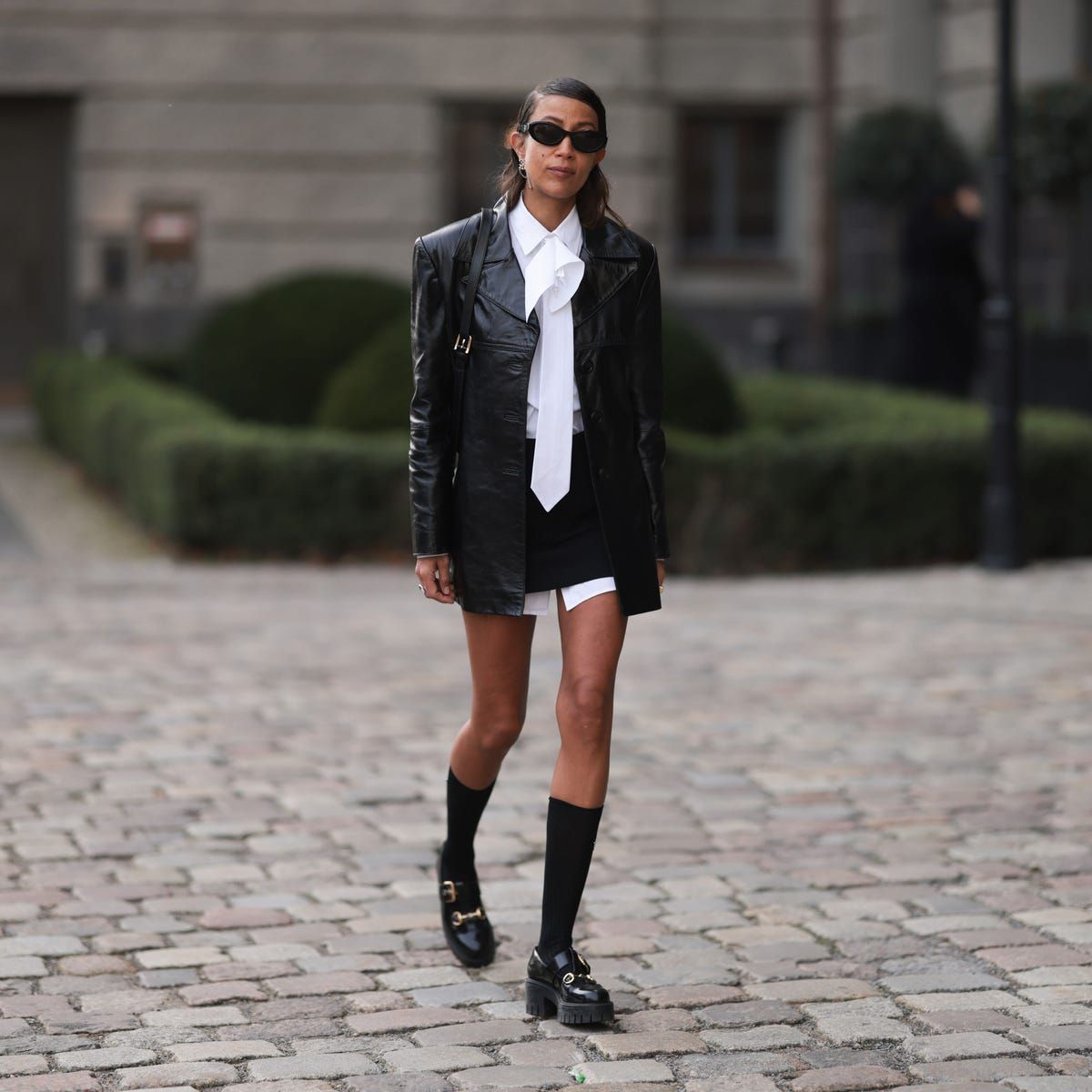 Leather Jacket and Bow Detail Shirt with Mini Skirt and Loafers — Chunky Loafers Outfits