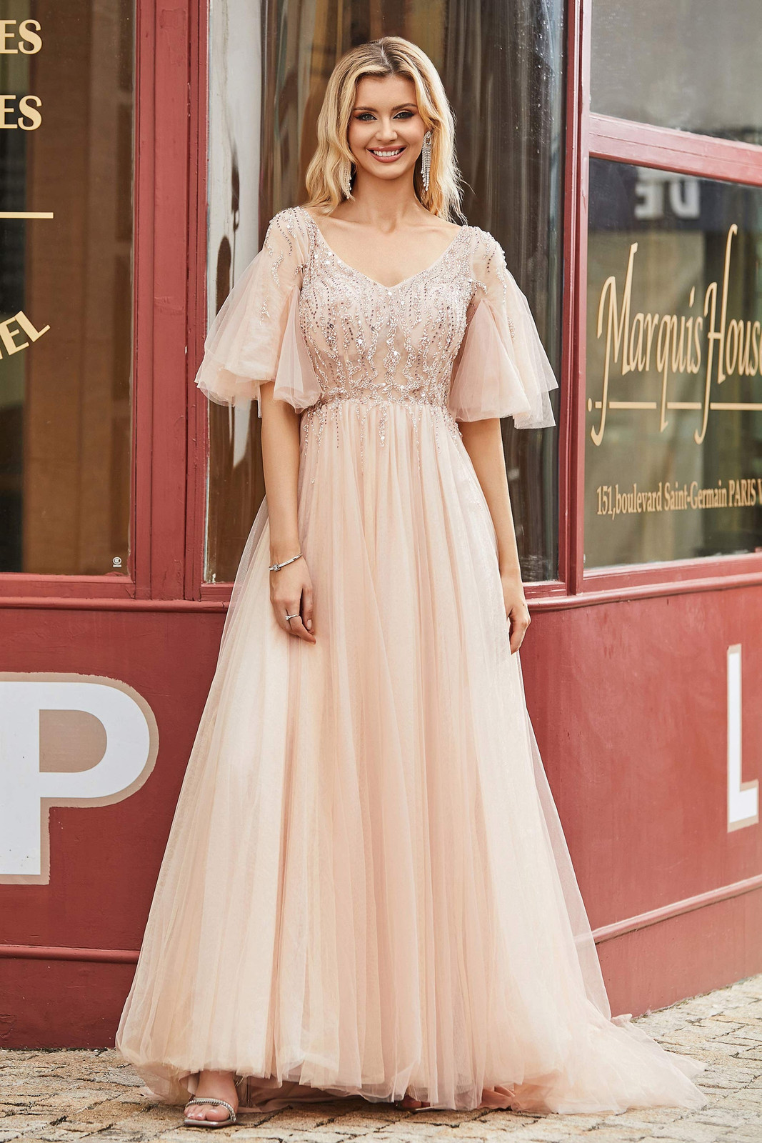 Pale Pink Beaded Tulle Dress with Flutter Sleeves — Tulle Dresses