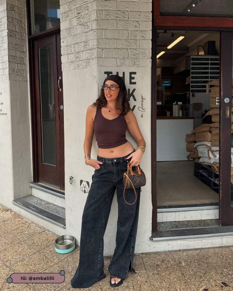 Brown Scoop-Neck Tank Top with Black Wide-Leg Jeans for Casual Edge — Tank Top Outfits