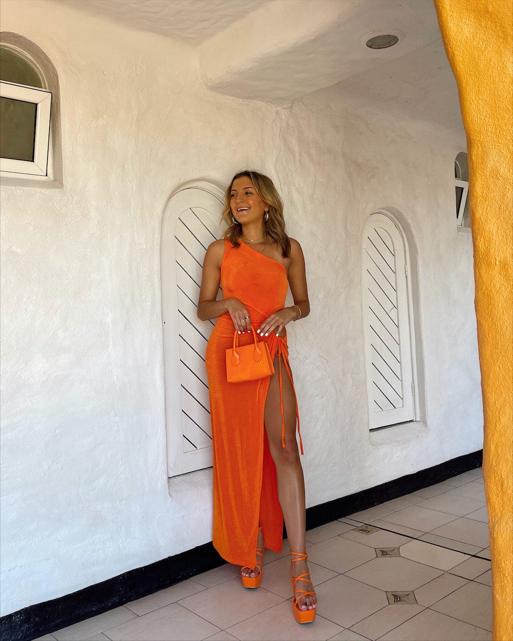 Vibrant Orange One-Shoulder Maxi Dress with High Slit Vibrant Orange One-Shoulder Maxi Dress with High Slit — Cabo Outfits