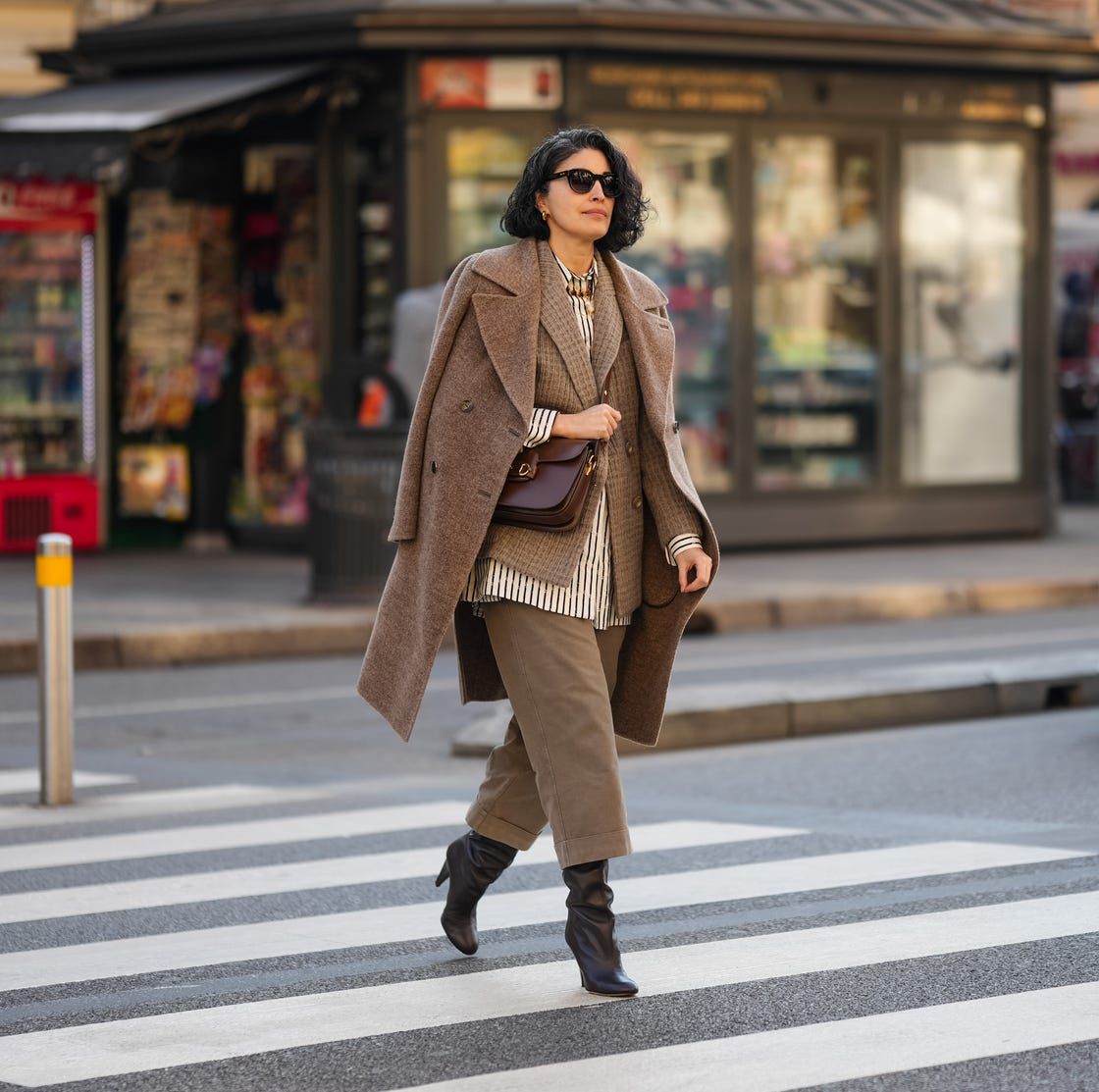 Textured Brown Coat over Striped Shirt and Trousers Textured Brown Coat over Striped Shirt and Trousers — Utilitarian Outfits