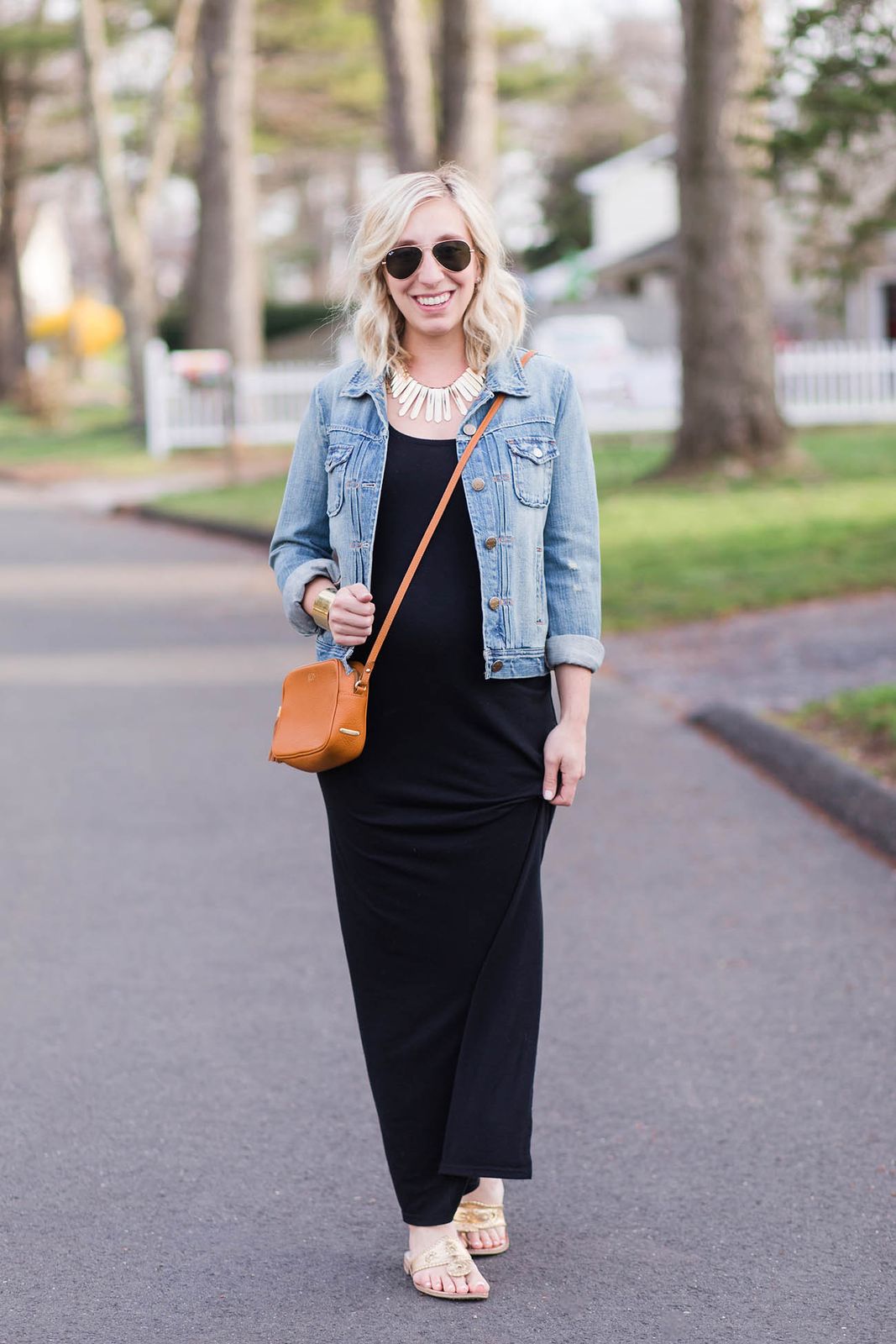 Black Maxi Dress with Denim Jacket and Statement Necklace Black Maxi Dress with Denim Jacket and Statement Necklace — Maxi Dress Outfits
