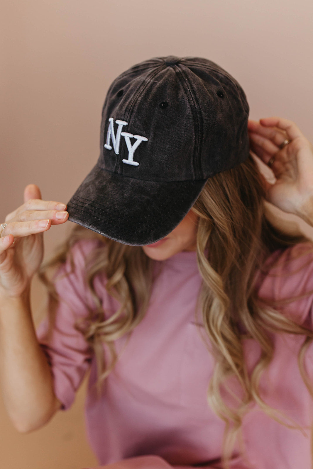 NY Lettering Trucker Hat with Pink T-Shirt NY Lettering Trucker Hat with Pink T-Shirt — Trucker Hat Outfits