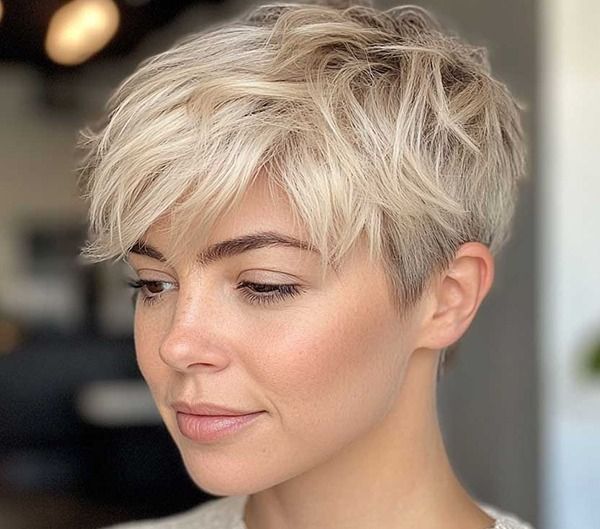 Ash Blonde Pixie With Textured Bangs — Haircuts for Wavy Hair